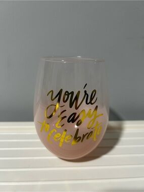 NEW Pink Ombre Stemless Wine Glass with Gold Script “you’re easy to celebrate”